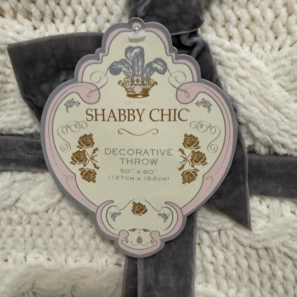 Shabby Chic Cream Throw with Gray Ribbon